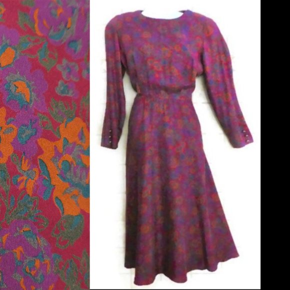 Vintage Dress Long Floral Modest Back Zip Flare Shoulder Pads Pockets M
